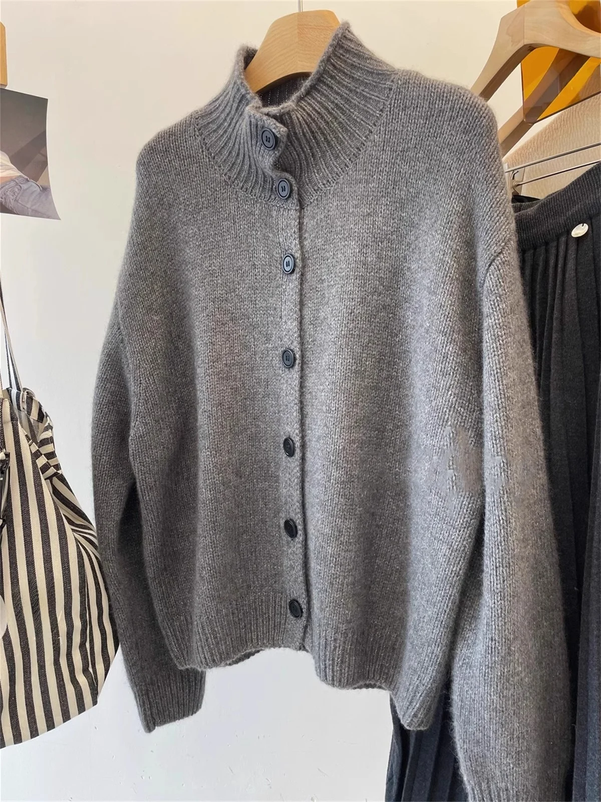 الرجعية ey الدب الفراء عالية الياقة محبوك سترة معطف المرأة فضفاضة كسول الوقوف طوق الخريف الشتاء المفتوحة سترة أعلى #1