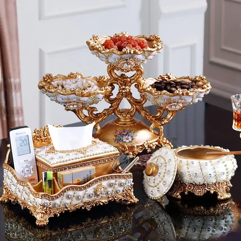 

Large diamond-encrusted fruit bowl, home decoration, luxury living room, household dried fruit plate, three-piece furnishings