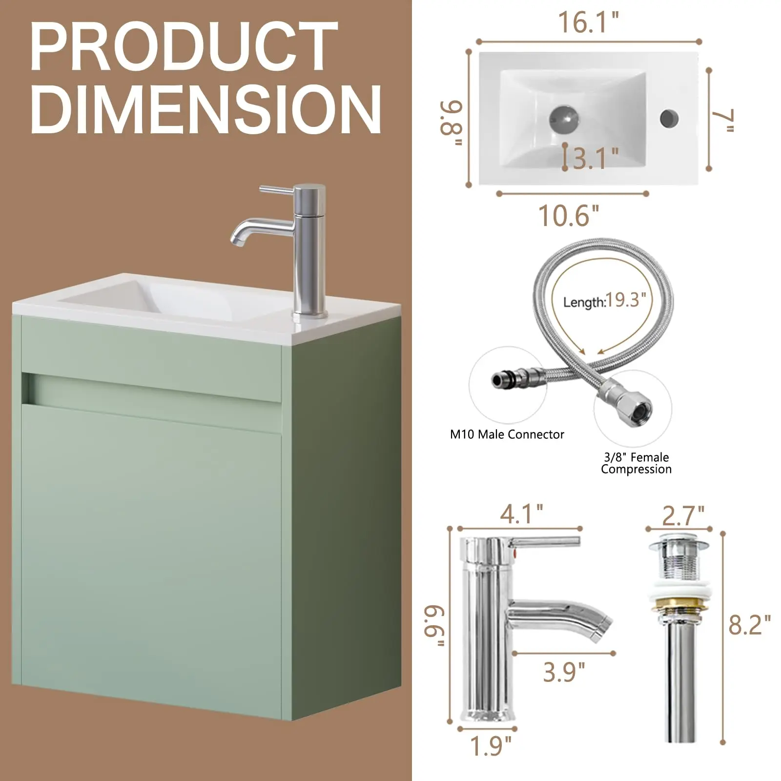 16” Bathroom Vanity Sink Combo for Small Space Wall Mounted Cabinet Set Design White Resin Basin Sink Top Chrome Faucet