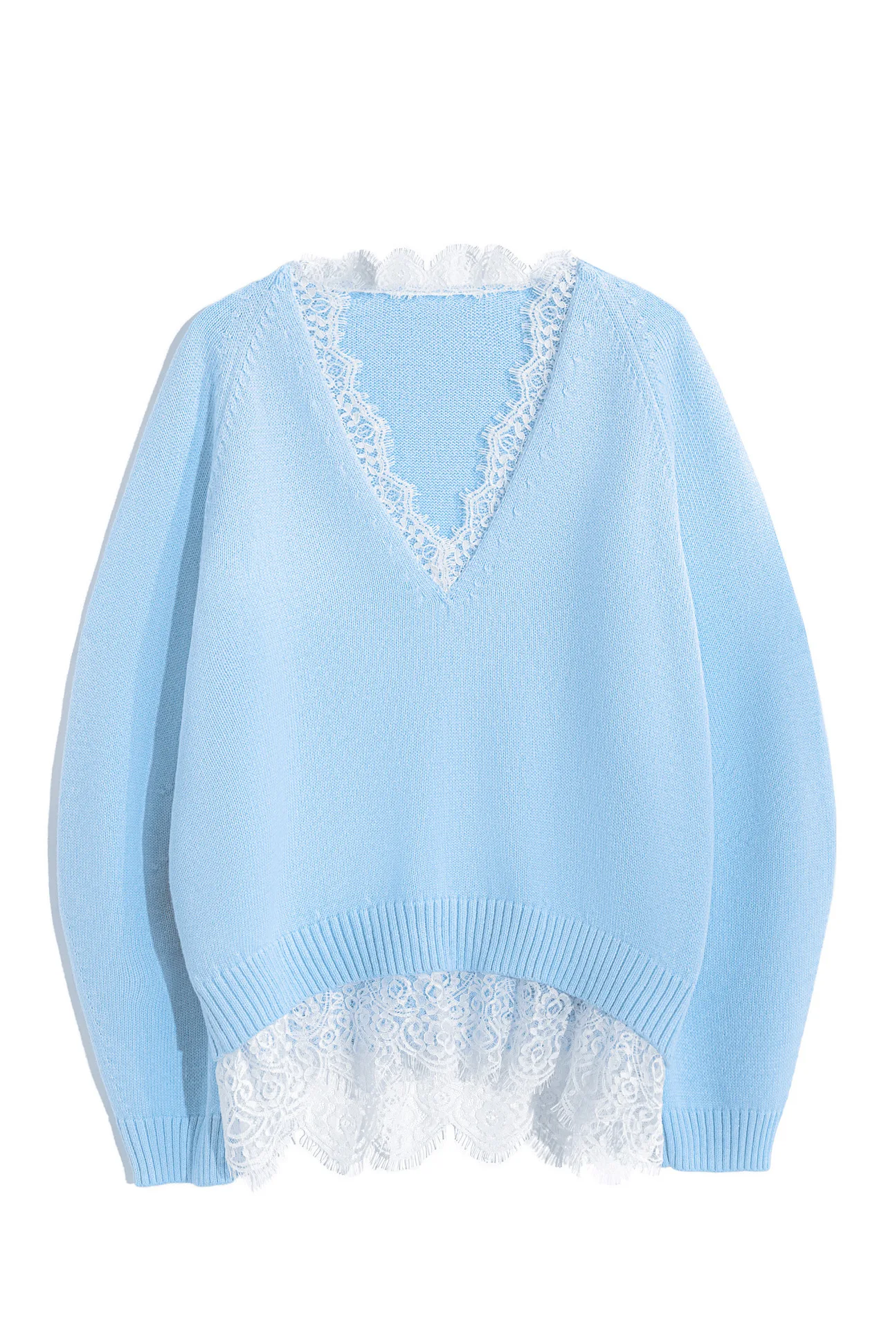 CHIC Elegant Lace Patchwork Macaron Knit Sweaters Women Loose Casual Sexy V-neck Pullover Autumn Ladies Knitted Tops Female