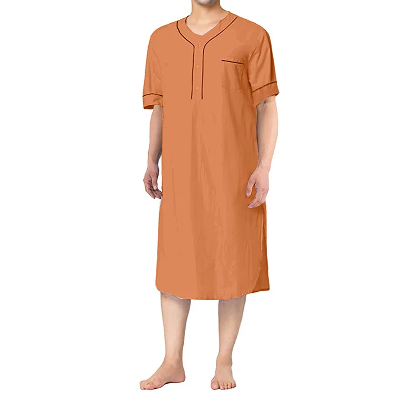 Summer Short Sleeve Men Thin Nightgown Muslim Islamic Homewear Solid Color Loose Saudi Arabia Kaftan Home Abaya Sleep Robe