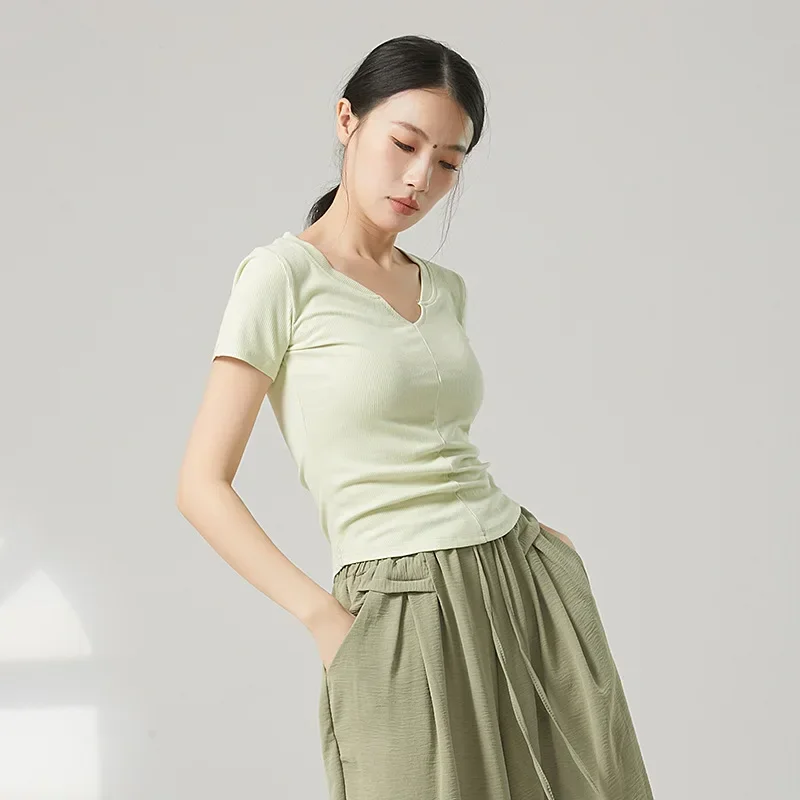 classical-dance-practice-clothes-summer-new-short-sleeved-v-neck-top-chinese-modern-dance-body-training-clothes