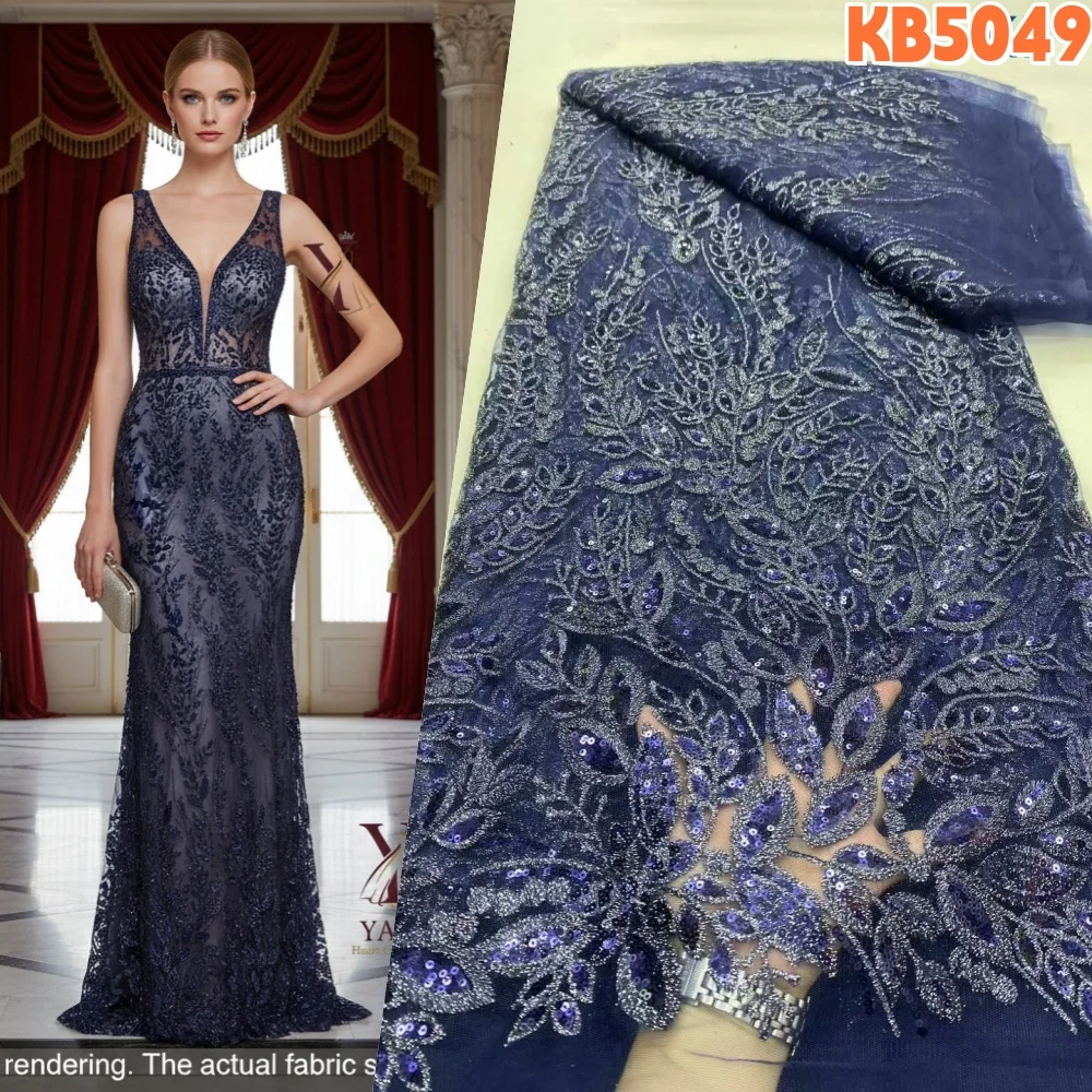 

5 ярдов новейшей кружевной ткани высокого качества 2026 года, королевский синий цвет, с пайетками, тюлевое кружево, вышитая французская сетка для шитья KB5049