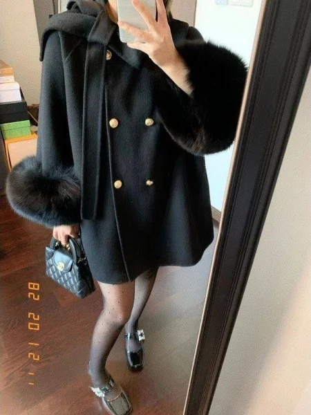 

plus Size Winter Woolen Coat Korean Sle Double Breasted Medium Length Plu Collar Casual Outerwear for Young Women