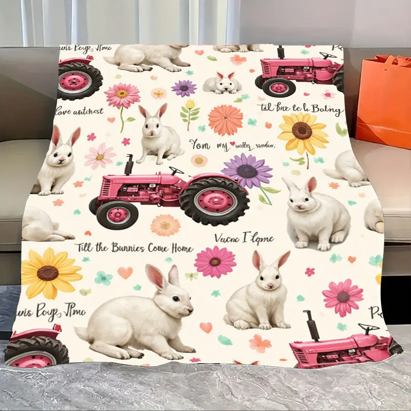 

1pc Flannel Blanket Rustic Farm Tractor & Bunny Blanket with Floral Design for Cozy Home Decor