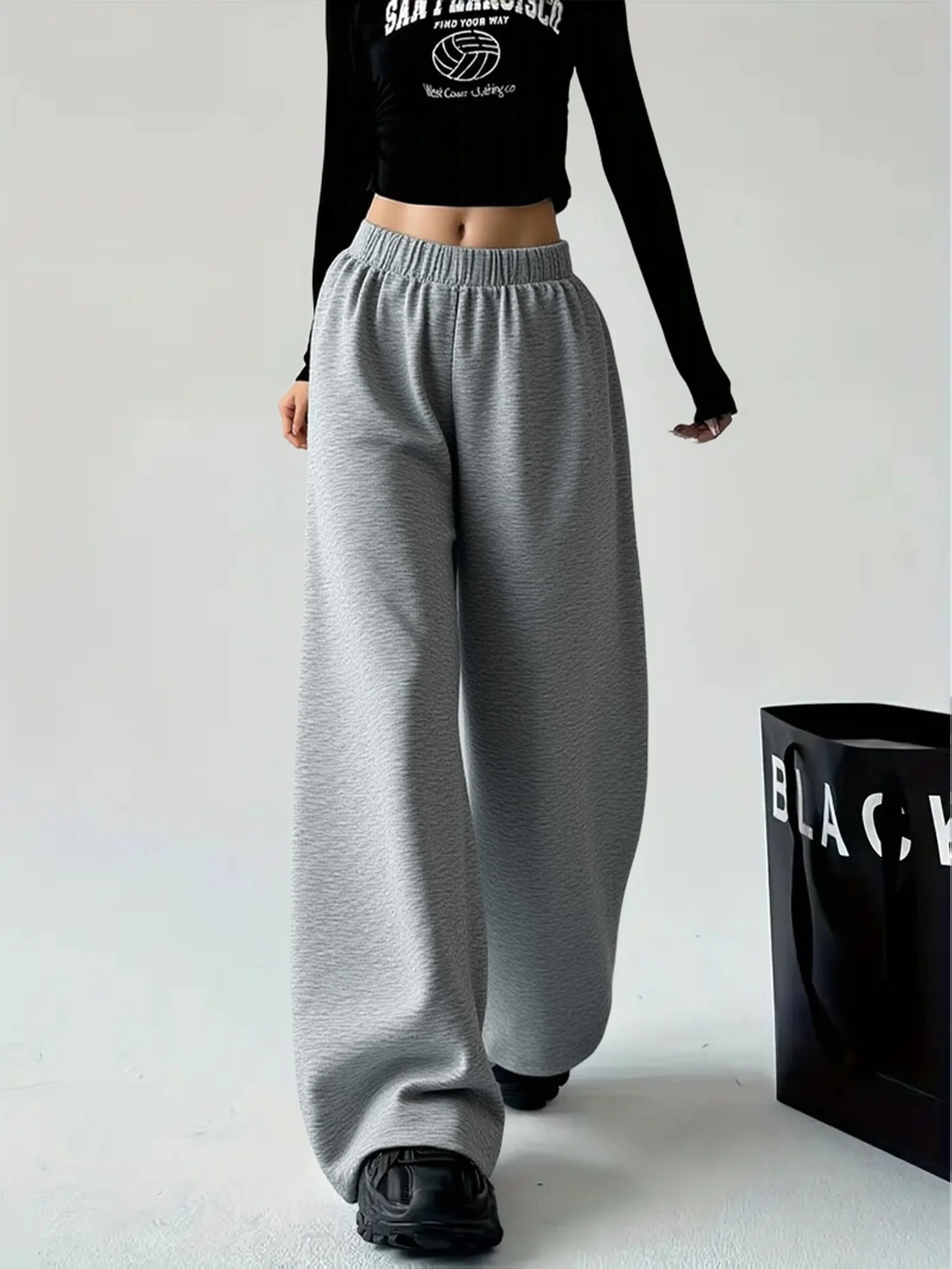 Y2K سراويل رياضية نسائية كاجوال بخصر رمادي، سراويل رياضية نسائية للرقص في الشوارع عالية الخصر معلقة فضفاضة واسعة الساق مستقيمة الساق