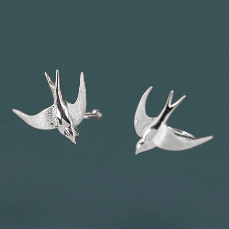 BOCAI S925 Sterling Silver Clip Earrings for Women New Fashion Ethnic Style 3D Swallow Gold Plated Ear-clip Jewelry