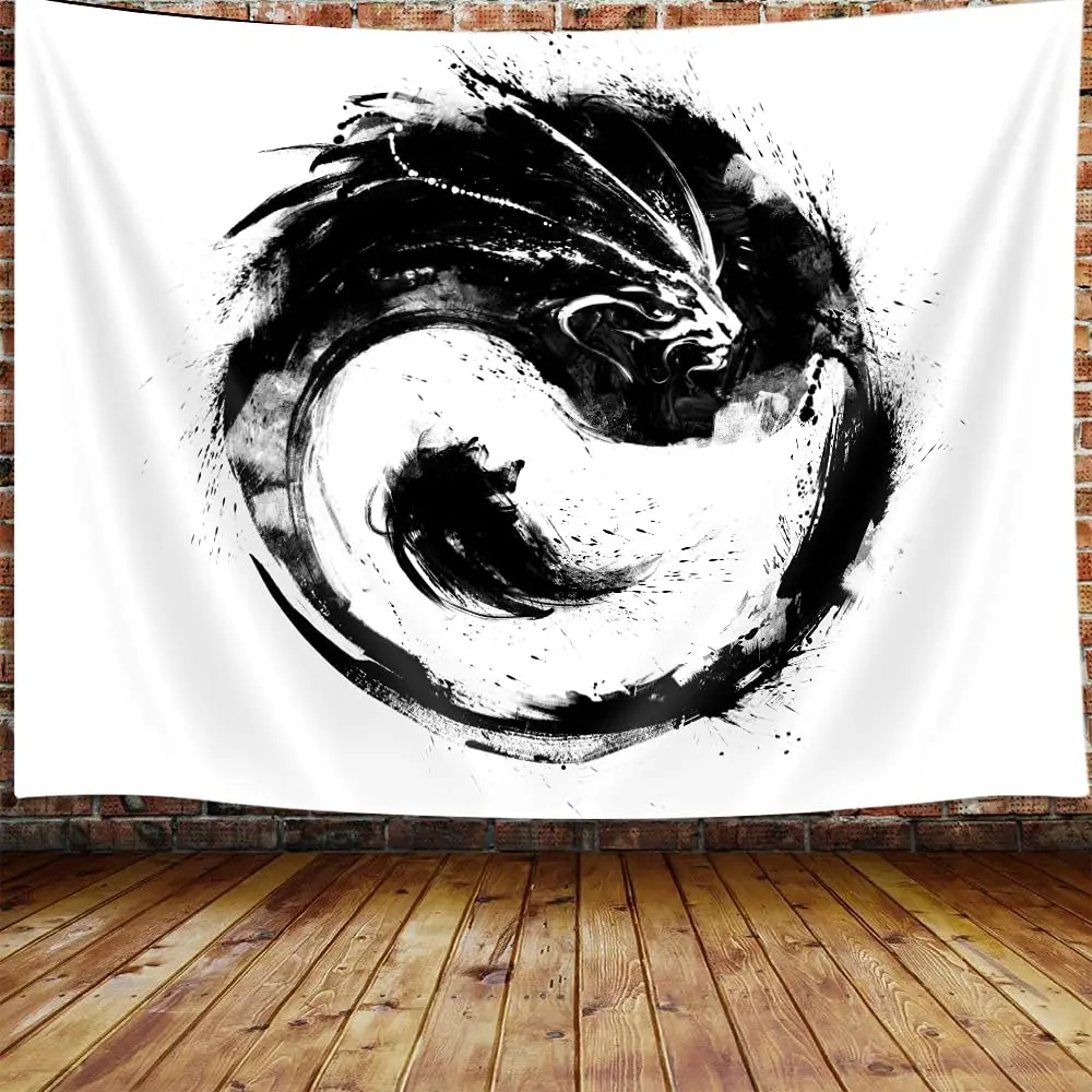 Cool Black and White Tai Chi Yin Yang Dragon Tapestry Wall Hanging for Bedroom Chinese Style Printing Tapestries Dorm Home Decor