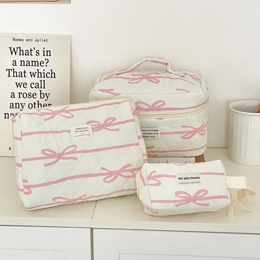 

Cute Pink Bowknot Printing Cosmetic Bag Soft Storage Toiletry Bag Large Capacity Cotton Makeup Bag