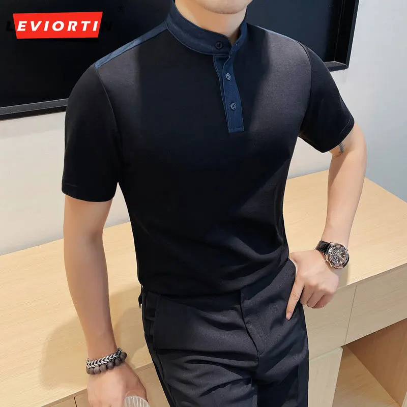 

Summer Short sleeved T-shirt with contrasting colors, fashionable and trendy men's casual Korean slim fit standing neck T-shirt