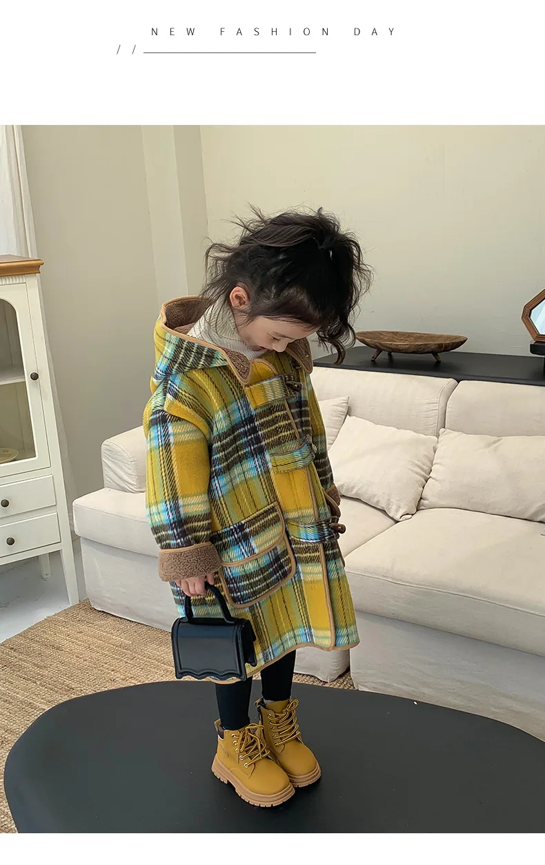 Girl Top 2023 New Autumn Winter Fashion Style Plaid Fur Long Hooded Coat Baby Girl Fleece Thick Outerwear Children Clothes image 6