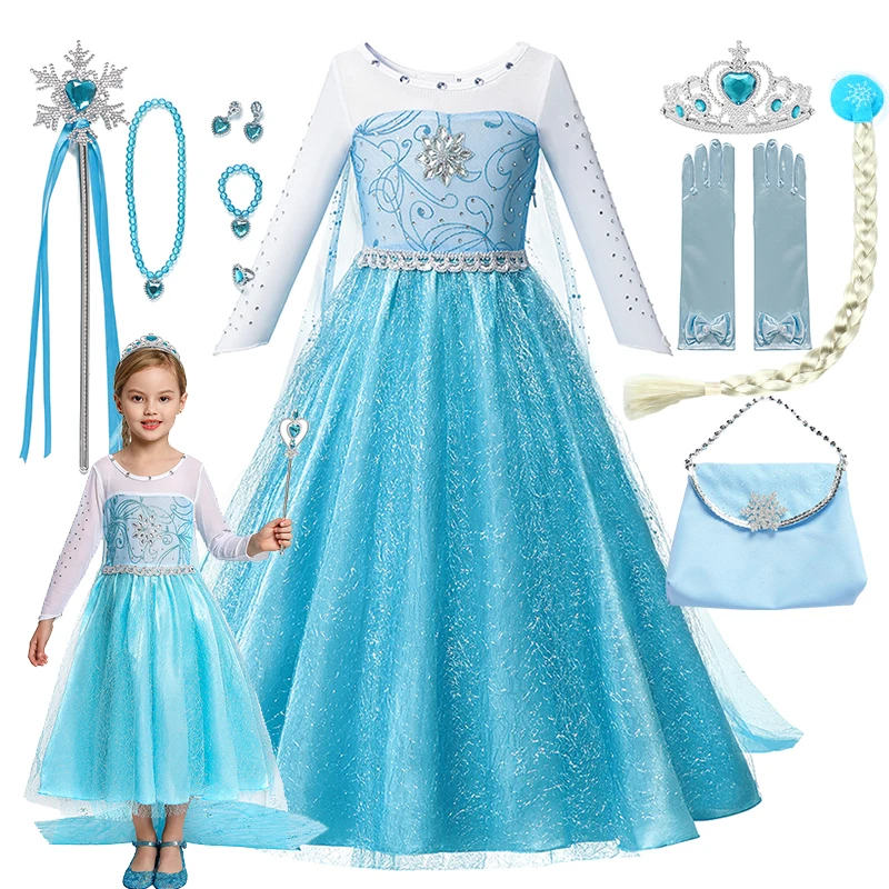 

2026 Snow Queen Elsa Long Sleeves Dresses Girls Cosplay Costumes Christma Party Prom Gown Play Clothes Girl Cold Winter Costume