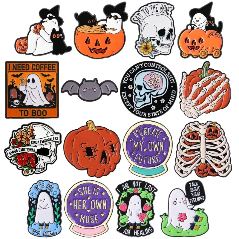 Halloween Spooky Badge Cute Ghost Pumpkin Skeleton Bat Enamel Pins Cartoon Gothic Witchy Collar Brooches Accessories Gift