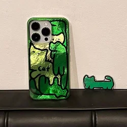 Feather veil abstract line cat phone case with folding bracket For iPhone 11 12 13 14 15 16 Pro Max Silicone Cases Cover