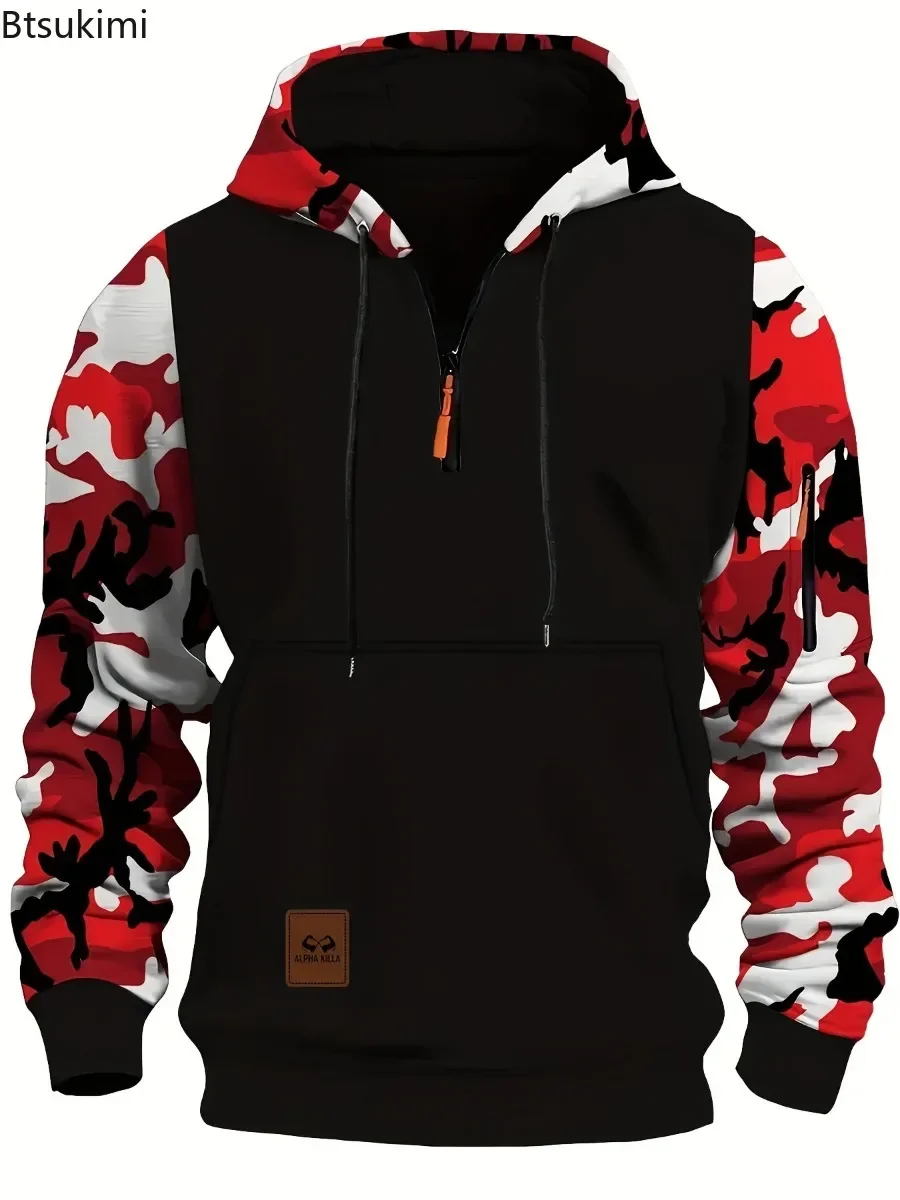 2026 Spring Autumn Men's Casual Hoodies Quality Arm Zipper Long Sleeve Pullovers Trend Camouflage Color Blocking Men Sweatshirts