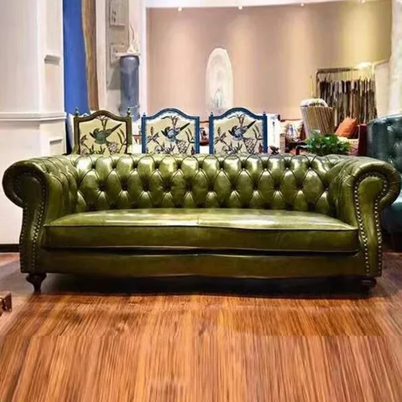 Retro Nordic Sofa Oil Wax Leather Green New Arrival Sofa Combination Large Sillon Relax Reclinable Para Salon Home Furniture