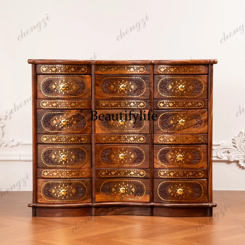 British multi-bucket storage solid wood copper decoration carved drawer living room entrance large capacity chest
