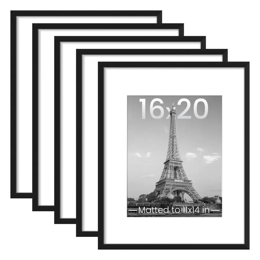 

16x20 Picture Frame Set of 5, Display Pictures 11x14 with Mat or 16 x 20 Without, Wall Gallery Poster Frames, Black