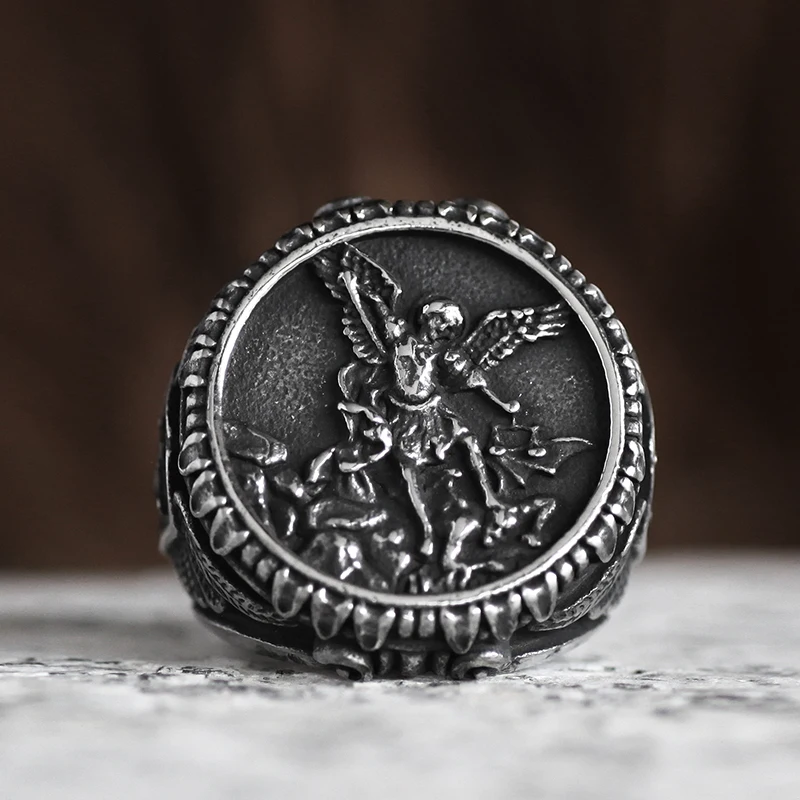 316L Stainless Steel St-Michael Men Rings Good Talisman Religious Personality Biker Ring for Men Boy Fashion Jewelry Gift