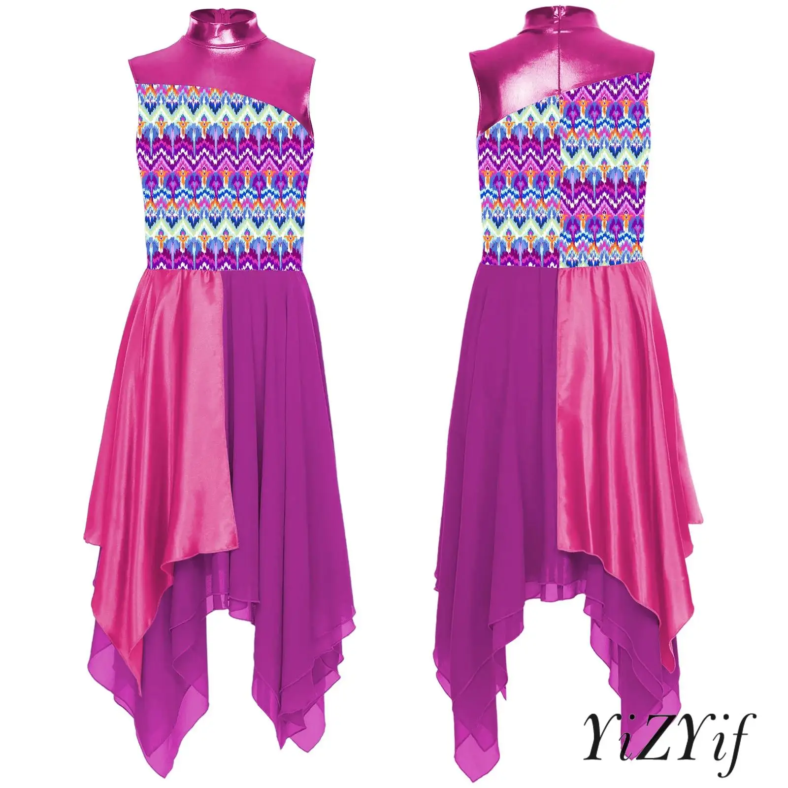 

Trendy Patchwork Dance Lyrical Dress for Womens Round Neck Irregular Chiffon Hem for Stage Shows Modern Worship Praise Dance