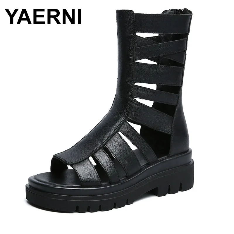 

Back Zipper Retro Women Boots Cowhide Platform Gladiator Women Sandals Summer Flats Black Boots Wedge Leather Women Shoes