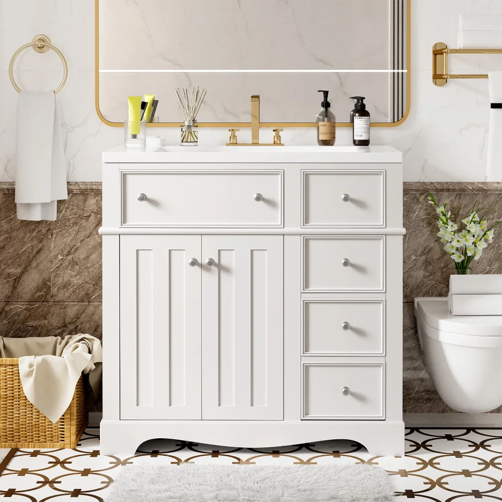 36'' Bathroom Vanity with Resin Sink Combo, Solid Wood Frame Bathroom Storage Cabinet, Freestanding Vanity Set with 3 Drawers