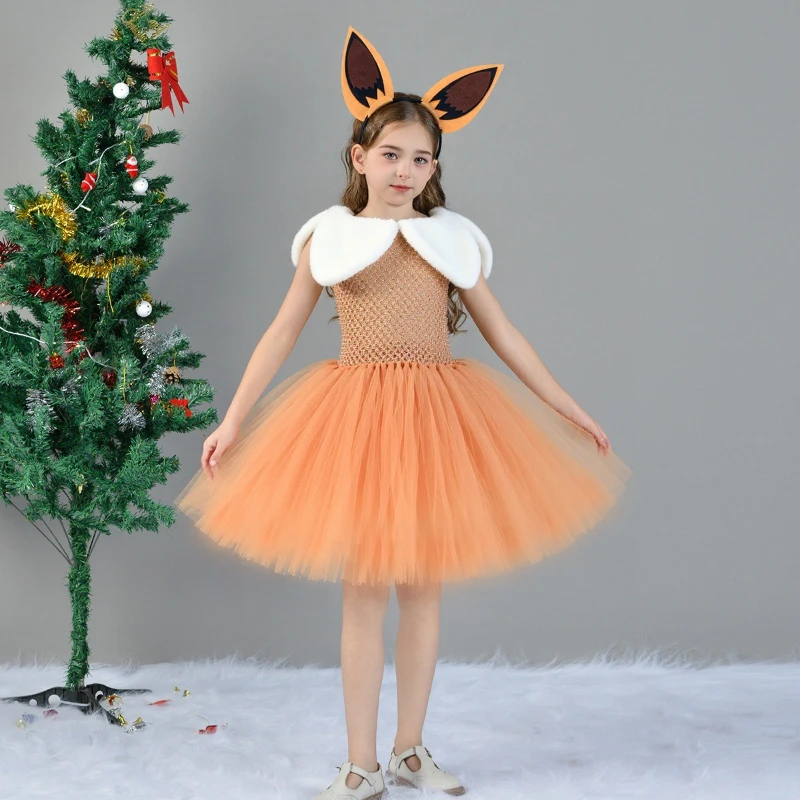 Uroczy, słodki i super uroczy kostium cosplay na Halloween dla dziewczynki, anime Pokémon, przebranie Eevee, sukienka z puszystą spódniczką do odgrywania ról.