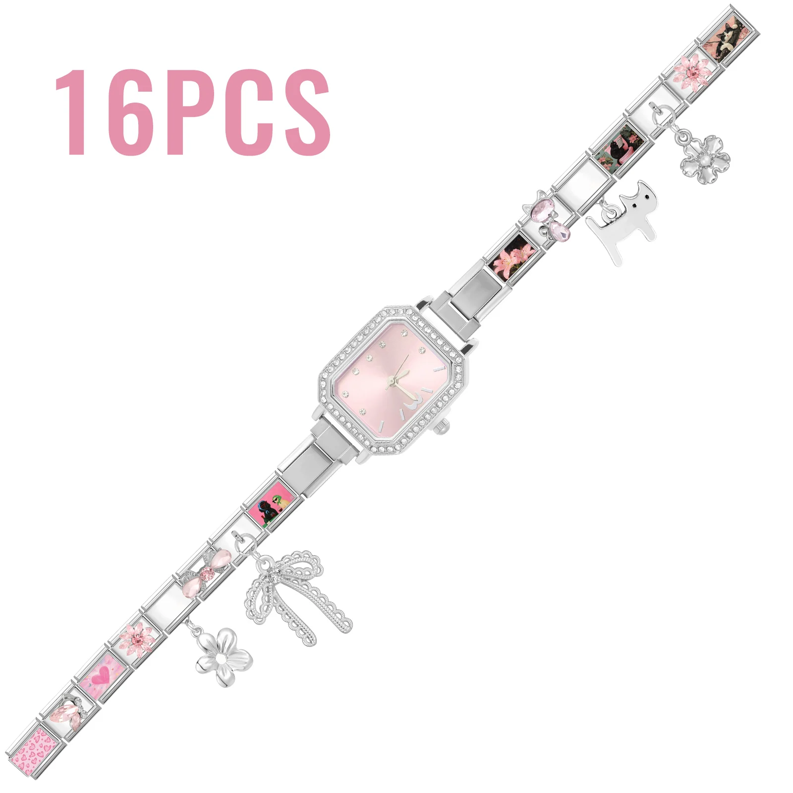 16Pcs/Set Stainless Steel Zircon Charm Links High Quality Fashion Heart Square Watch 9MM Width Bracelet Bangle DIY Jewelry Gifts