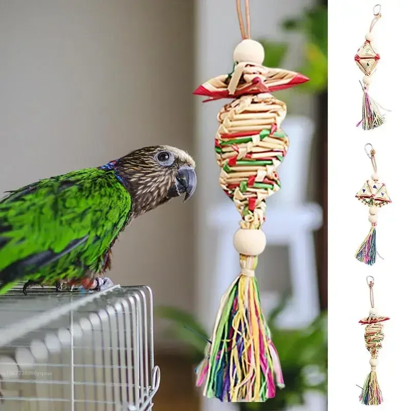 1 Pcs Pet Parrot Bird Chew Toys Handmade Natural Straw  Chewing Bite Hanging Cage Bell Swing Climb Playing Pendant