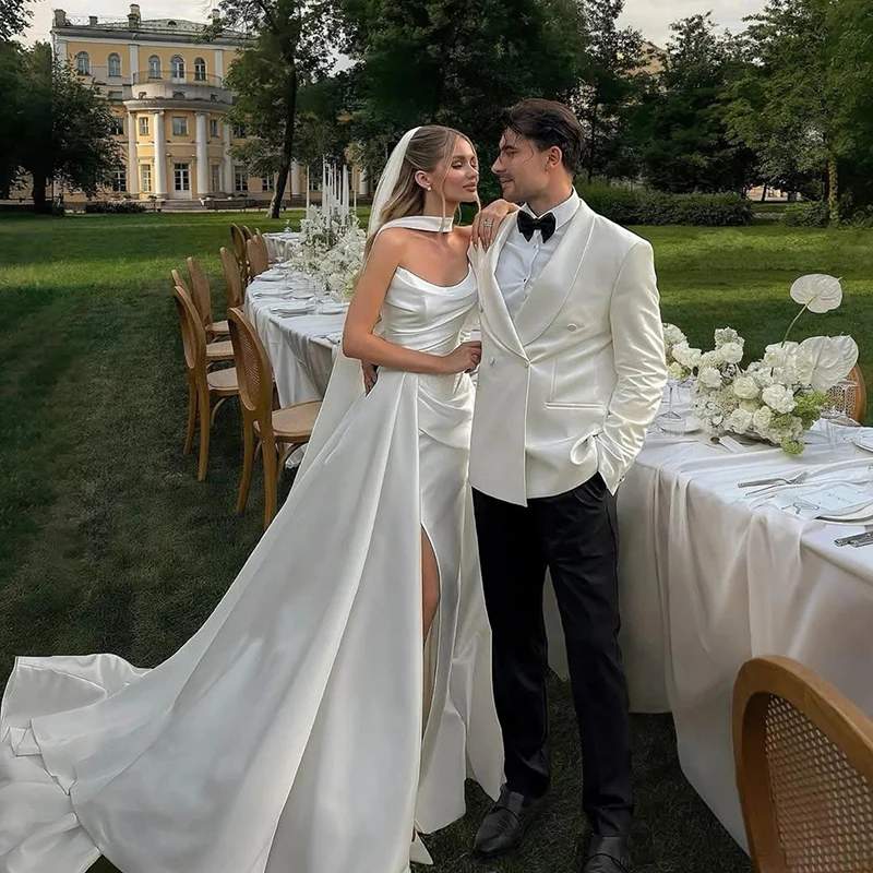 Eightree 2026 Mermaid Wedding Dresses Strapless Side Slit Scarf Satin Bridal Dress White Long Wedding Ball Prom Gowns Customized