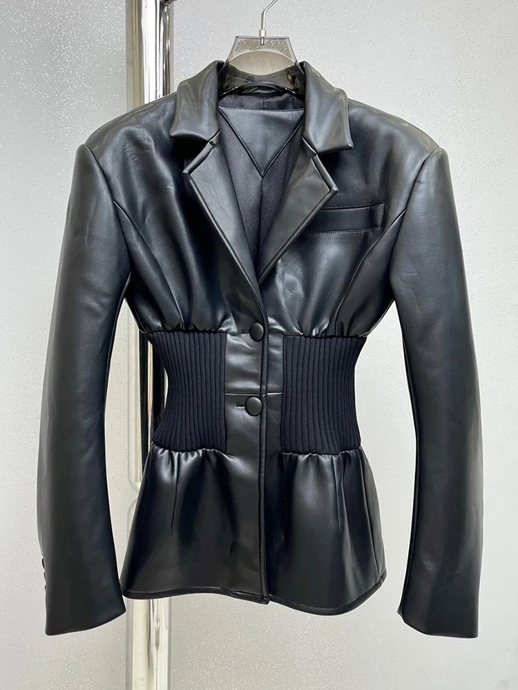 [EAM] Black Pu Leather Elastic Waist Big Size Jacket New Lapel Long Sleeve Women Coat Fashion Tide Spring Autumn 2024 1DF3853