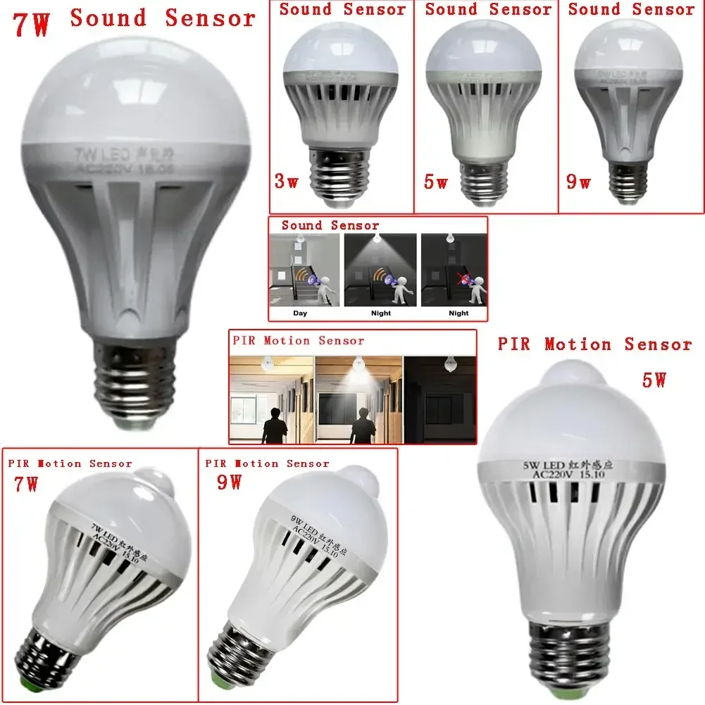 E27 220V LED 스마트 사운드 PIR 모션 센서 볼 라이트, 글로브 전구 복도 램프 3W 5W 7W 9W 180 도 라이트 빔 각도