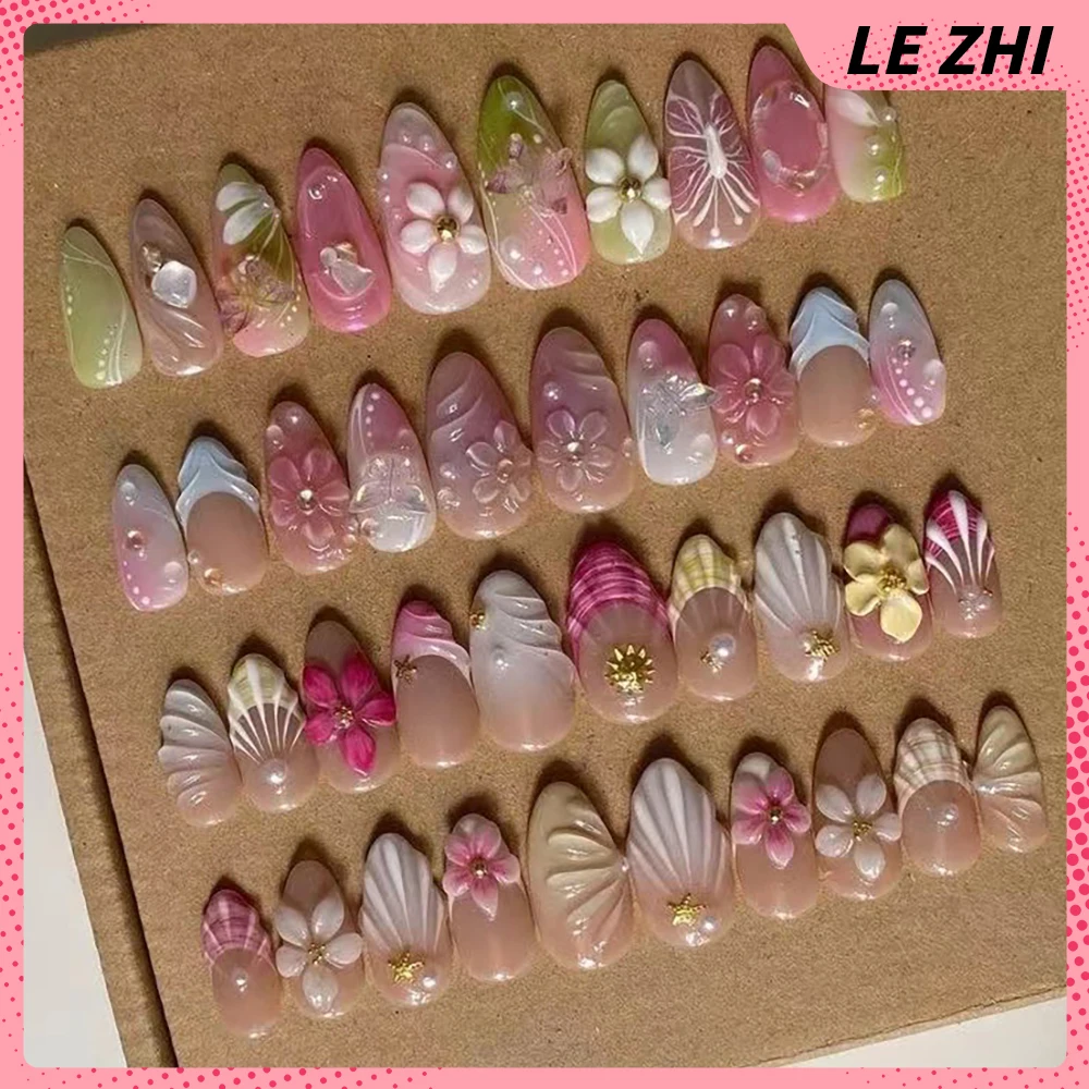 3D Lily Flower Gel Shell French Press On Nails Party Sticker Butterfly Medium Almond Pink Nude Gradient Fake Nails Party Sticker