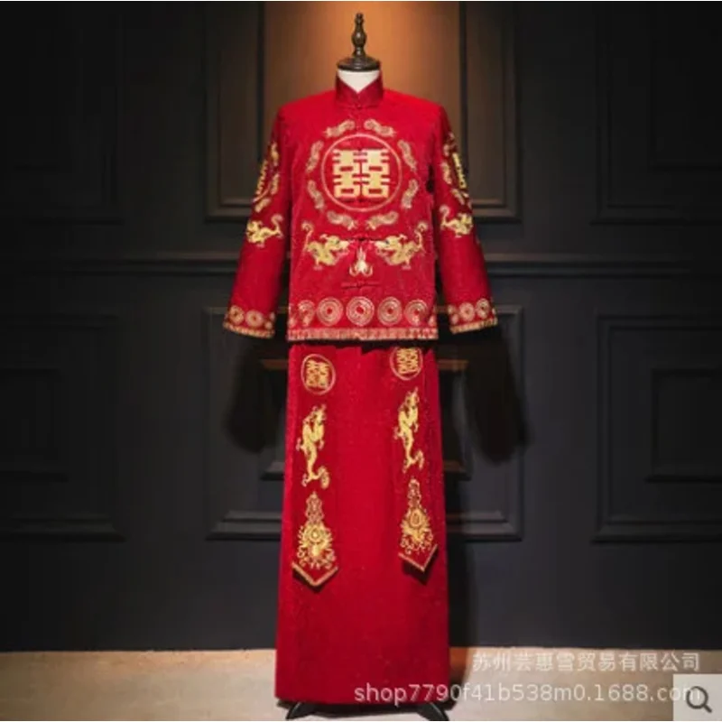 

DY20Cheongsam Hanfu вышивка дракон Феникс китайский традиционный свадебный костюм для пары Cheongsam элегантное винтажное платье Ципао для невесты