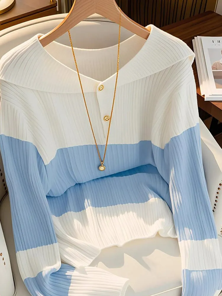 

Удобный корейский повседневный женский трикотаж Long Sve в полоску, модный универсальный Ele Commute 20:00al