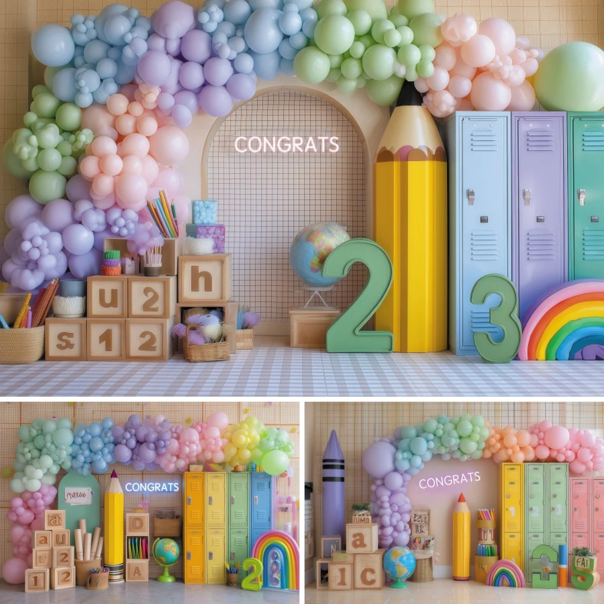 Back To School Backdrop Colorful Balloons Paintbrush Locker Baby Shower Kids Birthday Graduation Party Decor Photo Background
