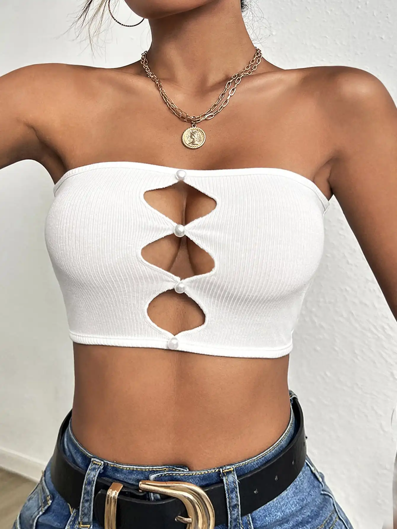 Women's White Strapless Tube Crop Top Ribbed Knit Cutout with Pearl Detail Bandeau