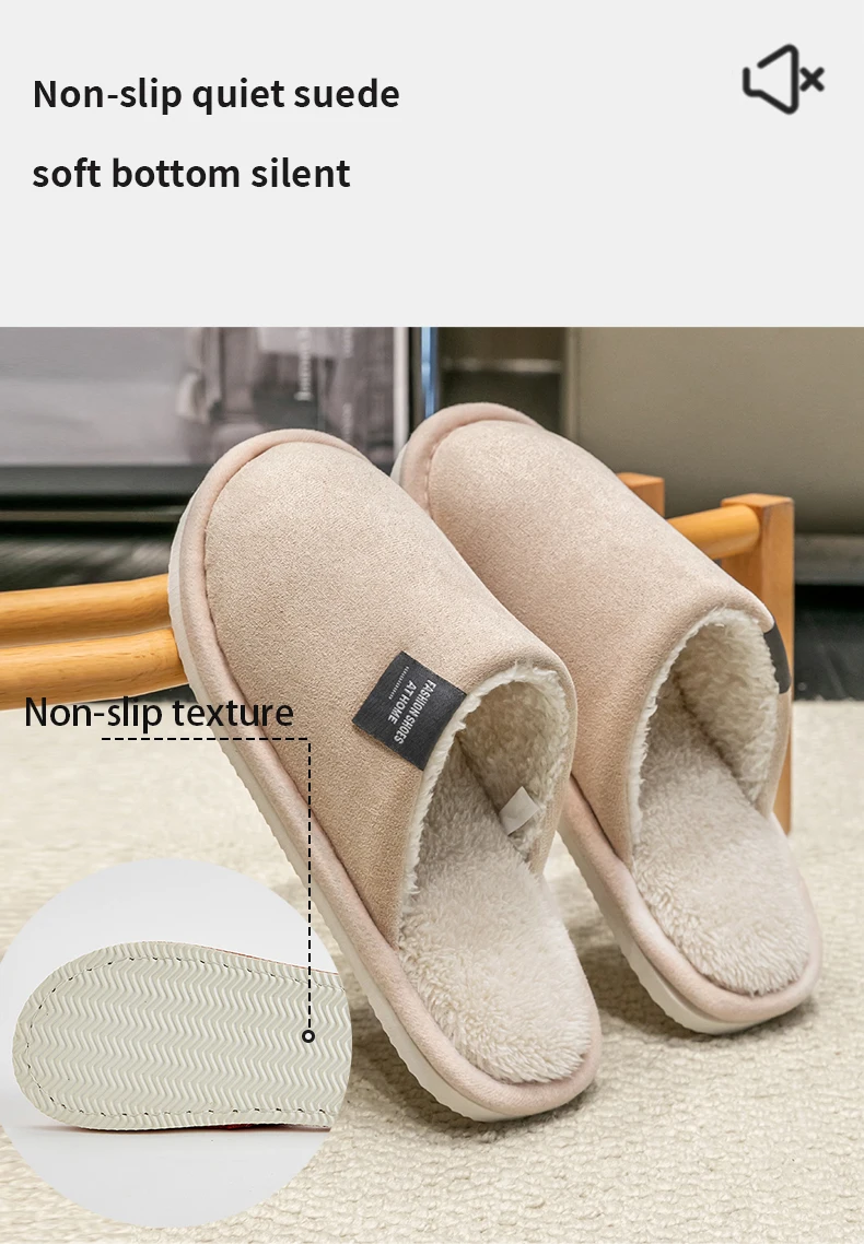 Einfarbige Wildleder-Hausschuhe für Damen, Herbst und Winter, Haushalt, Schlafzimmer, Boden, rutschfest, Plüsch, geschlossener Zehenbereich, Heimschuhe – Detail 9