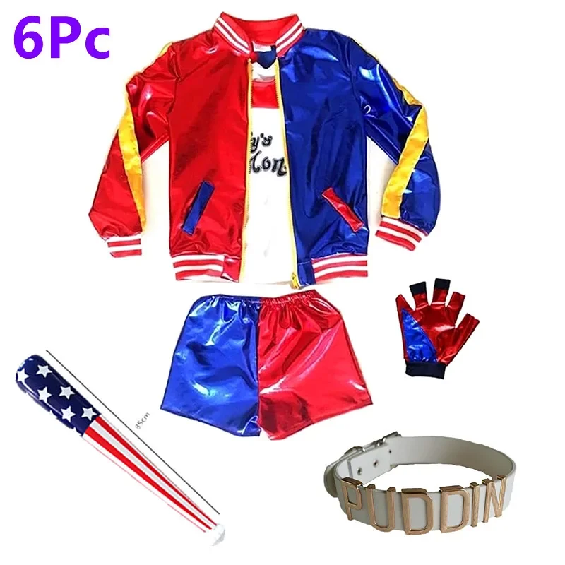 6PC Halloween Kids Clown Girl Cosplay Costume Quinn Squad Harley Monster T-shirt Jacket Jacket Pants Accessories Full SetY^0!