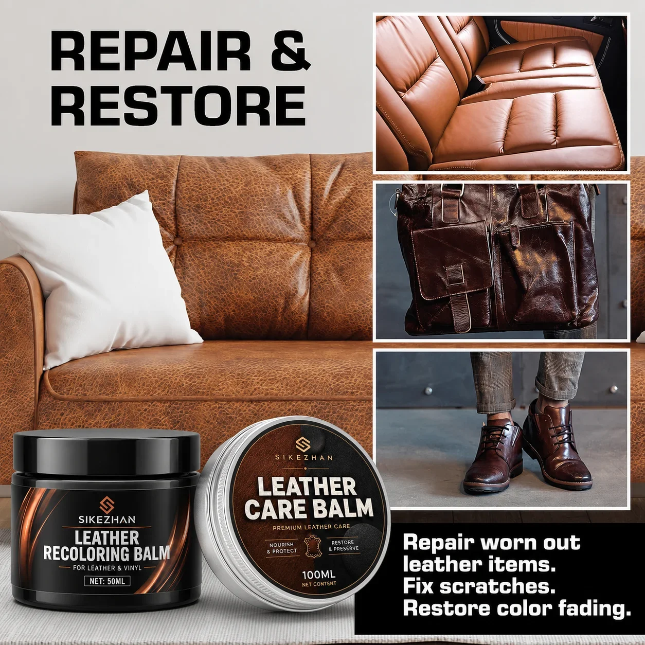 Leather Recoloring Balm and Care Wax Kit for Couch Sofa Car Seat Bags Jacket Scratch Faded Color Restoration Repair Cream Pro - view 6