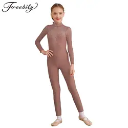 Children's Gymnastics Jumpsuit Kids Skating Unitard for Girls Shiny Rhinestone Bodysuit Sheer Mesh Long Sleeve Catsuit Dancewear