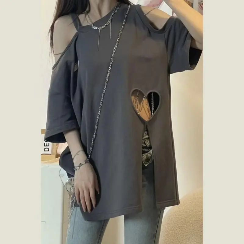 Oversized Trend Hollow Out Solid Color O-neck Loose Short Sleeve T-Shirt Women Clothing Korean Irregular Pullover Top Tee Summer