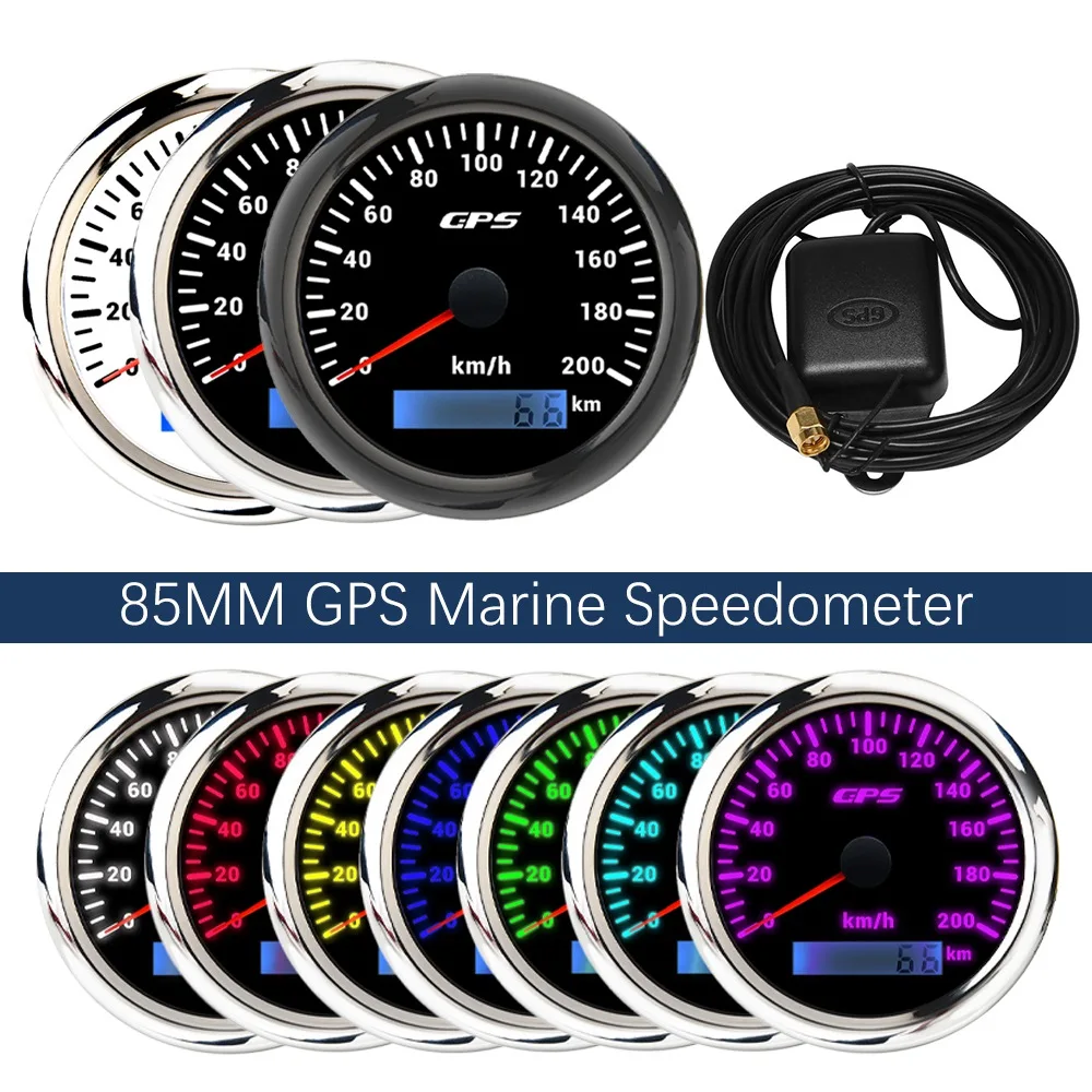 85MM GPS Marine Speedometer 0-200KM/H Speedometer 7-Color Backlight Digital Odometer for Yachts Boats