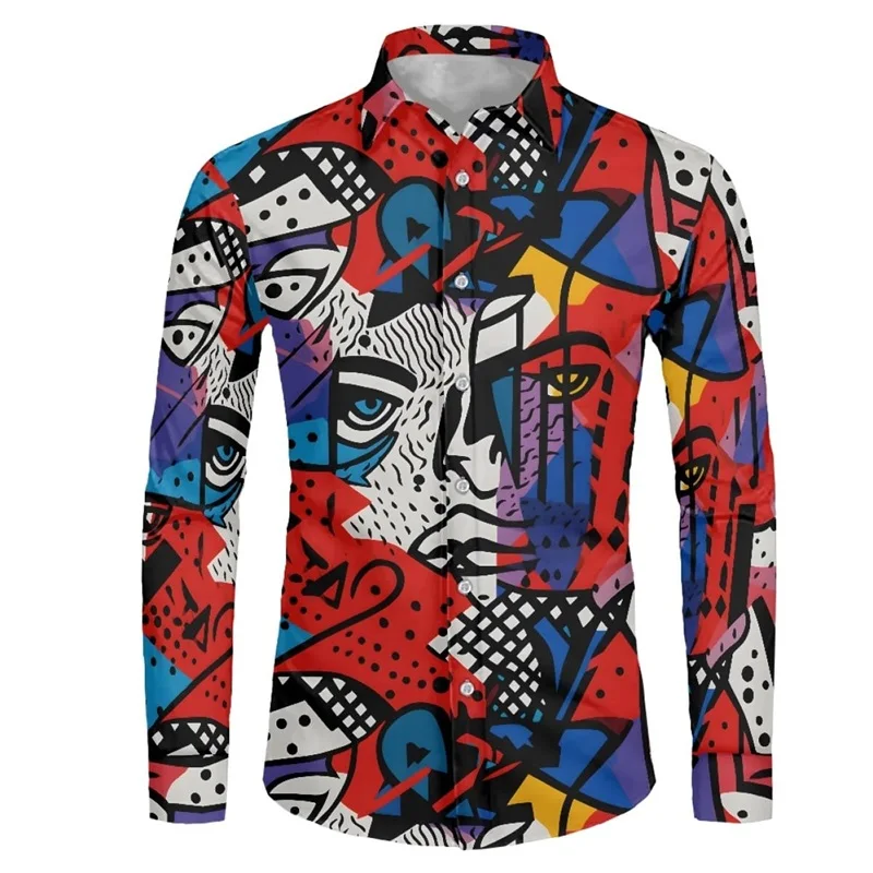 3D All Over Print Abstract Pattern Shirts For Men Casual Long Sleeve Buttons Down Regular Fit Beach Shirts Mens Oversized Tshirt