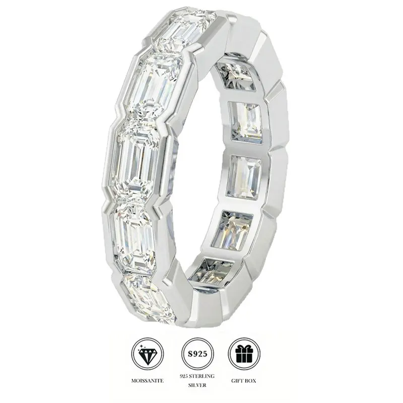 

S925 Silver Emerald Cut Moissanite Eternity Ring 18K Gold Plated 3x5mm Full Stone Wedding Band Size 5-9
