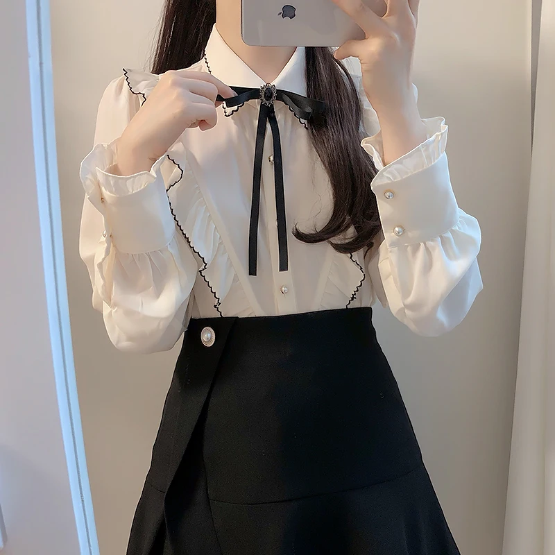 

Sweet Girls Chiffon Blouse Solid Color Bowknot Long Sleeves Singlebreast Spring Summer Fashion Women Shirt