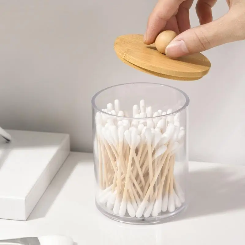 Wattestäbchen-Organizer mit Bambusdeckeln, durchsichtiges Apothekerglas aus Kunststoff für die Aufbewahrung von Kosmetikartikeln auf dem Schminktisch – Detail 2