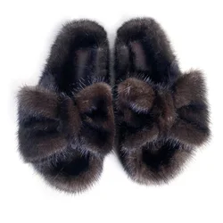 Luxury Designer Female Shoes Winter Slippers For Women Real Mink Fur Slides Rubber Flat Bottom Warm Soft Indoor Women  Slippers