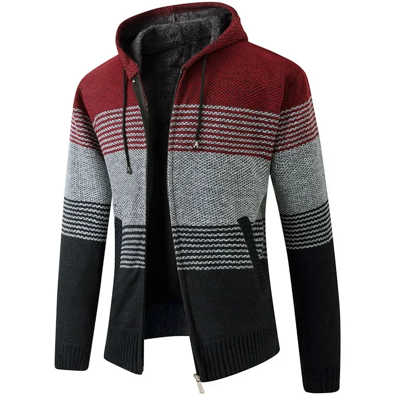 Autumn Winter Men\'s Hooded Sweater Jacket Warm Cashmere Casual Wool Zipper Slim Fleece Cardigan Men Coat Knitwear Sweater Men