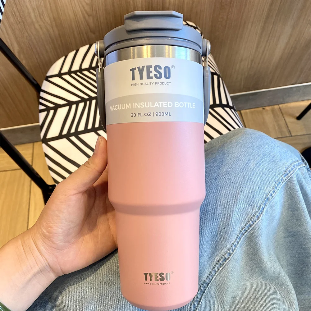 Coffee Cup Stainless Steel Double-Layer Insulation Car Water Bottle with Straw & Handle Portable Ice Cup Insulated Water Bottle